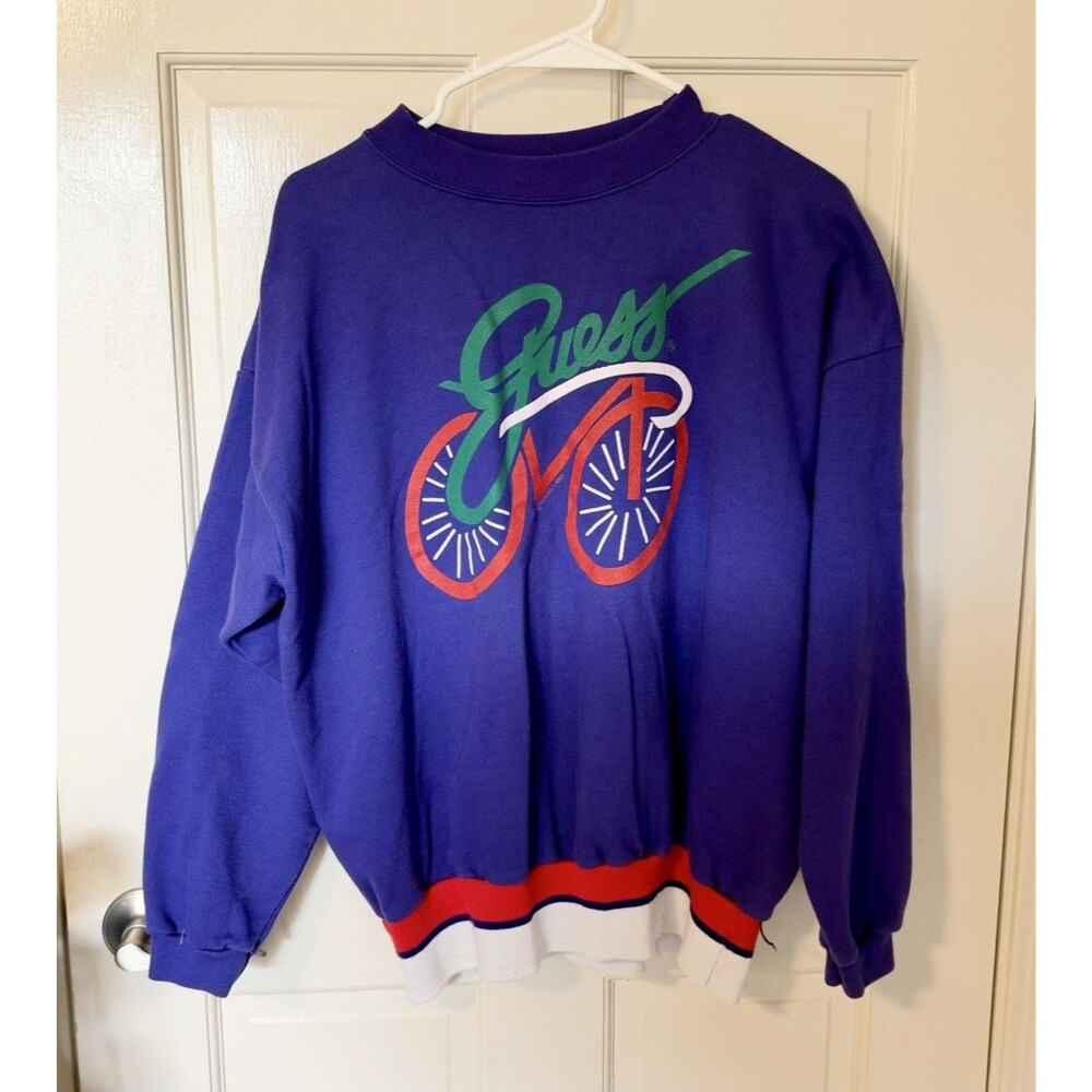 Vintage GUESS USA Crew Bicycle Graphic Sweatshirt 80s 90s Purple Made USA Rare